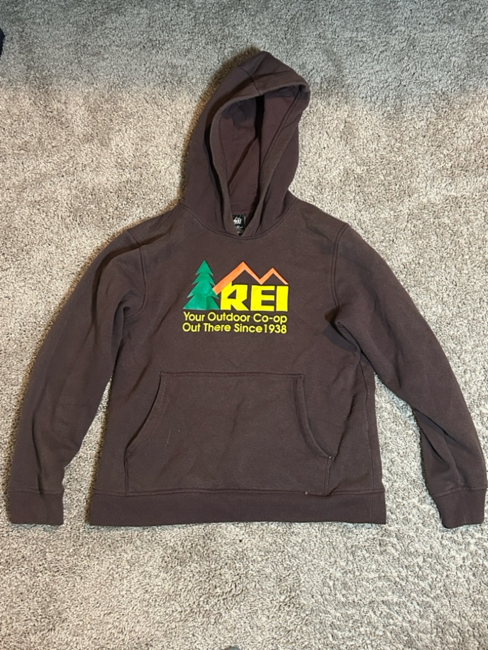 REI Brown Hooded Pullover with Green Tree and Yellow/Orange Logo